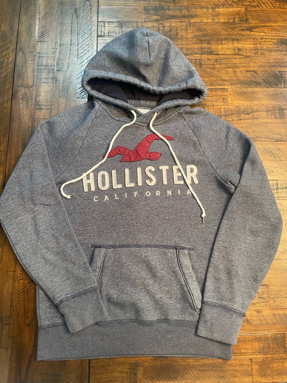 Hollister Men's Heather Blue/Gray Hoodie with Red Seagull Logo